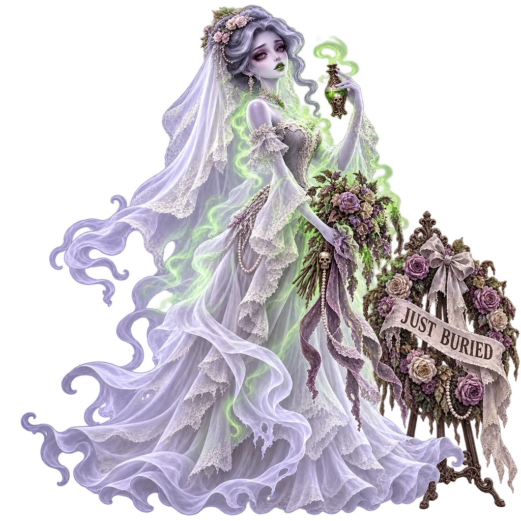 A lavender-haired ghost bride holding a glowing green potion, one of Ghostdoku’s collectible spirits