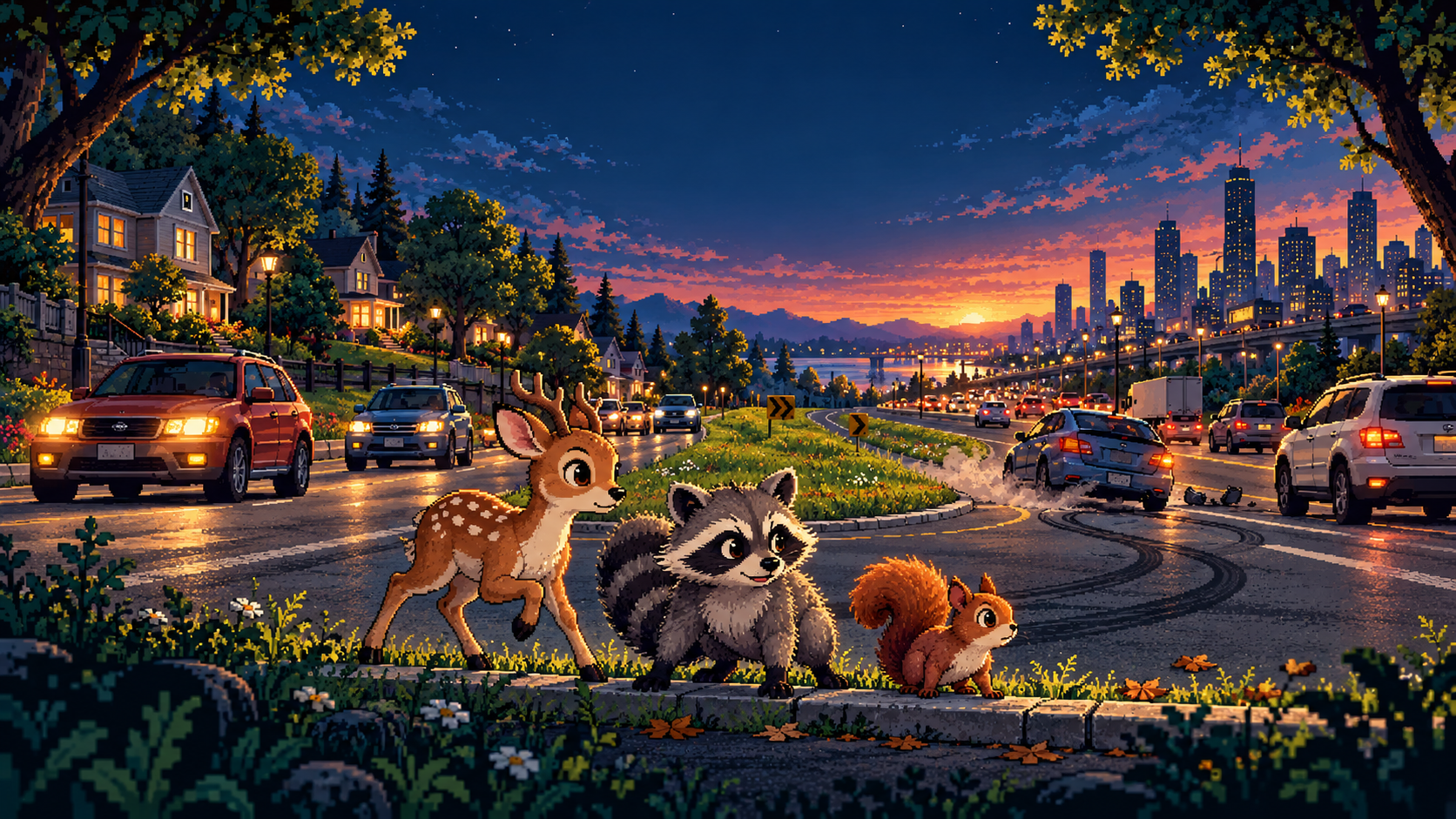 A deer, raccoon, and squirrel eye a busy road in Road Rascals